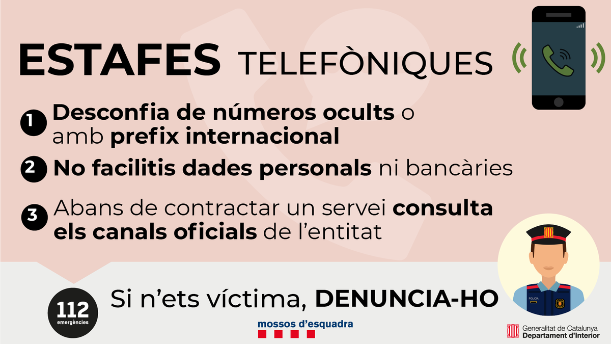 Hi ha estafadors que et fan una trucada perduda perquè retornis la trucada. Però si ho fas s'activa un sistema de tarifació addicional estranger i el cost de la trucada va a la butxaca de l’estafador. El millor consell: No tornis cap trucada desconeguda #VetllemPelsNostres
