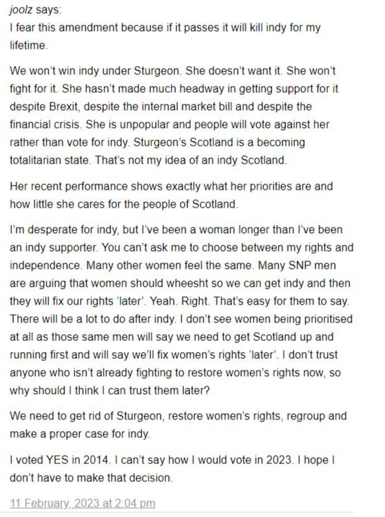 Wings' commenter: 'Many SNP men have been asking women to #wheeshtforindy', but, 'I've been a woman longer than an indy supporter'