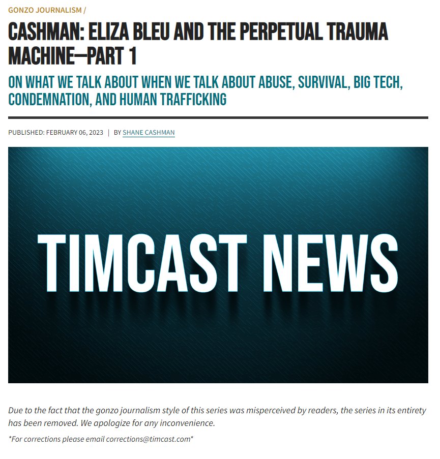 ThatUmbrella's tweet photo. Breaking! Shane Cashman's ENTIRE Eliza Bleu puff piece HAS BEEN REMOVED from TimCast. 

All PARTS. 

Bwahahahaha!! https://t.co/UycZuz8JHL