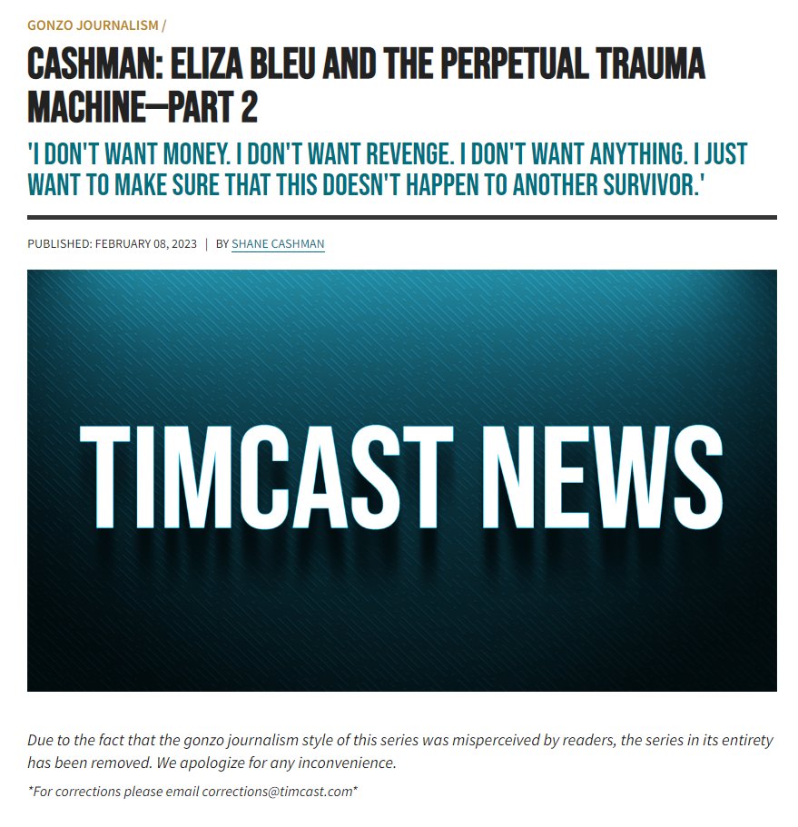 ThatUmbrella's tweet photo. Breaking! Shane Cashman's ENTIRE Eliza Bleu puff piece HAS BEEN REMOVED from TimCast. 

All PARTS. 

Bwahahahaha!! https://t.co/UycZuz8JHL