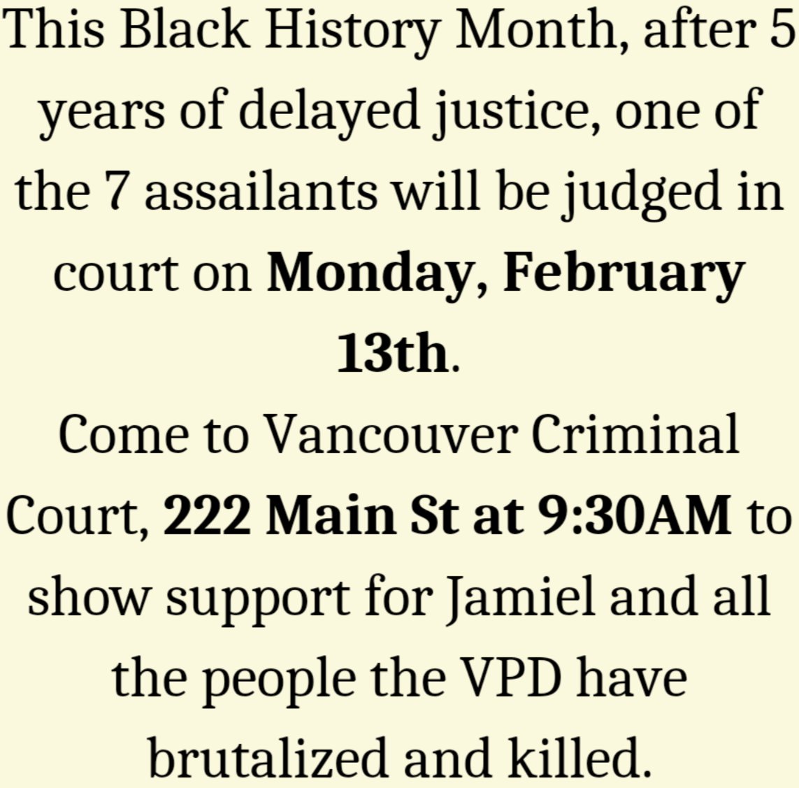 BLM_Van's tweet photo. Tomorrow Crown Council decides on 1  VPD cop's criminal trial for assault w/ a weapon on Jam during #BHM2018. 

6 VPD thugs who stomped him got off scot-free.

✊🏿For #BHM2023 demand #JusticeForJamiel and Black Futures!✊🏿

Mon Feb 13
9:30a
Rm 514
222 Main

https://t.co/6YLyjMEAnh https://t.co/ZPgk5To2Sh