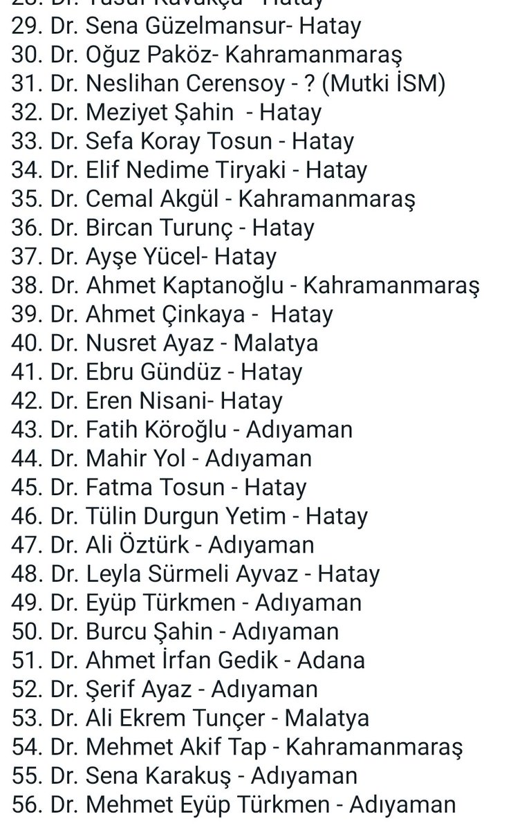 Depremde ölen hekimlerimiz:
Hatayda 31 hekim,
Adıyaman 10 hekim,
Kahramanmaraş 7 hekim,
Osmaniye 2 hekim,
Malatya 2 hekim,
Adana 1 hekim,
Gaziantep 1 hekim
MİLLETİMİN başı sağolsun. Bizim için vardılar. Işıklar içinde uyusunlar. Ölümlerine sebep olan varsa HESABI sorulacak.