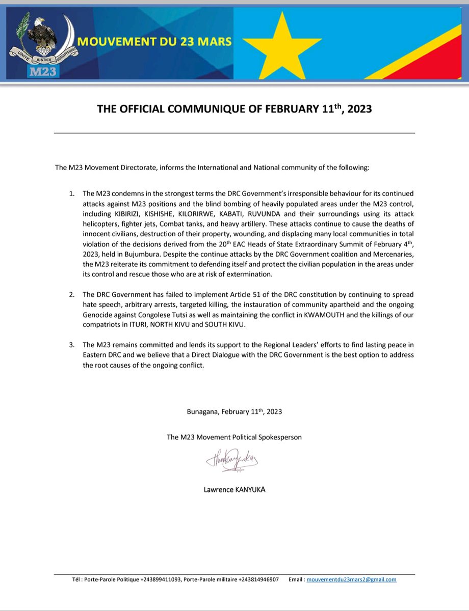 Communique des M 23 en REP. DEMO. DU CONGO