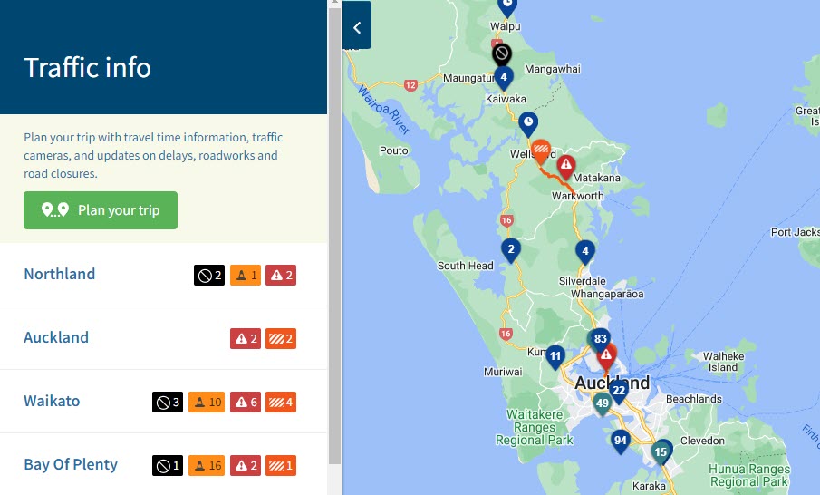 SEVERE WEATHER EVENT – UPDATE 8:30AM
All Auckland motorways are currently OPEN, with reduced lanes &amp; speed advisories on the Akl Hbr Bridge. #SH1 Bryndwerwyn-Waipu remains CLOSED in Northland. Our Journeys Map is available 24/7 for the latest info: spr.ly/60163lf40 ^TP