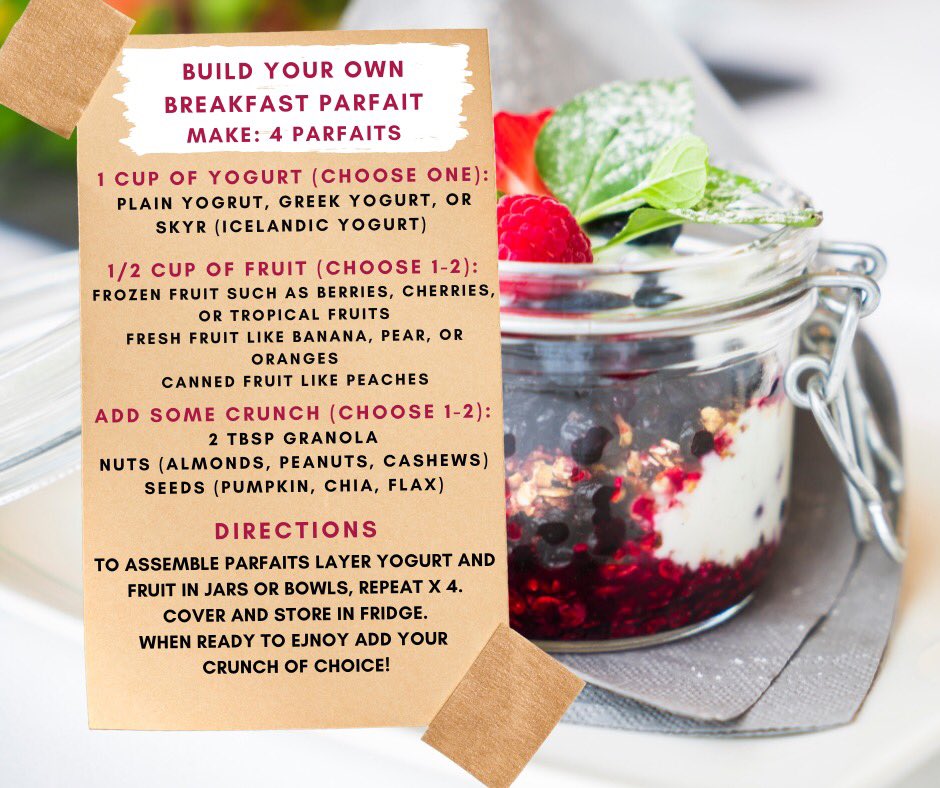 EatWellSask's tweet photo. Here are the recipes for the fourth week of #planwell and #prepwell to #eatwell!
Prep these recipes for the week: 
🫐 Build Your Own Breakfast Parfait
🫘 Crunchy Roasted Chickpeas
🍃 Freezer Stash Spinach Egg Feta Wraps https://t.co/iKhRH5fQDT