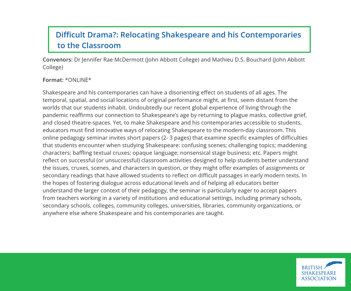 BSA_Conference's tweet photo. *ONLINE* SEMINAR ‘Difficult Drama?: Relocating Shakespeare and his Contemporaries to the Classroom’ led by Dr Jennifer Rae McDermott (John Abbott College) and Mathieu D.S. Bouchard @mdsbouchard (John Abbott College). https://t.co/ngqnOu8Cfo