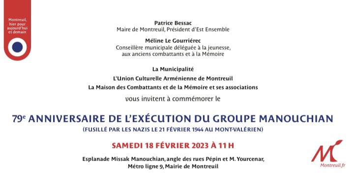 Samedi 18 février à 11h, la ville de #Montreuil rendra hommage au groupe Manouchian @armembfrance @armenews_NAM @ccaf_france @fondsArmenienF @MEA_CiuP