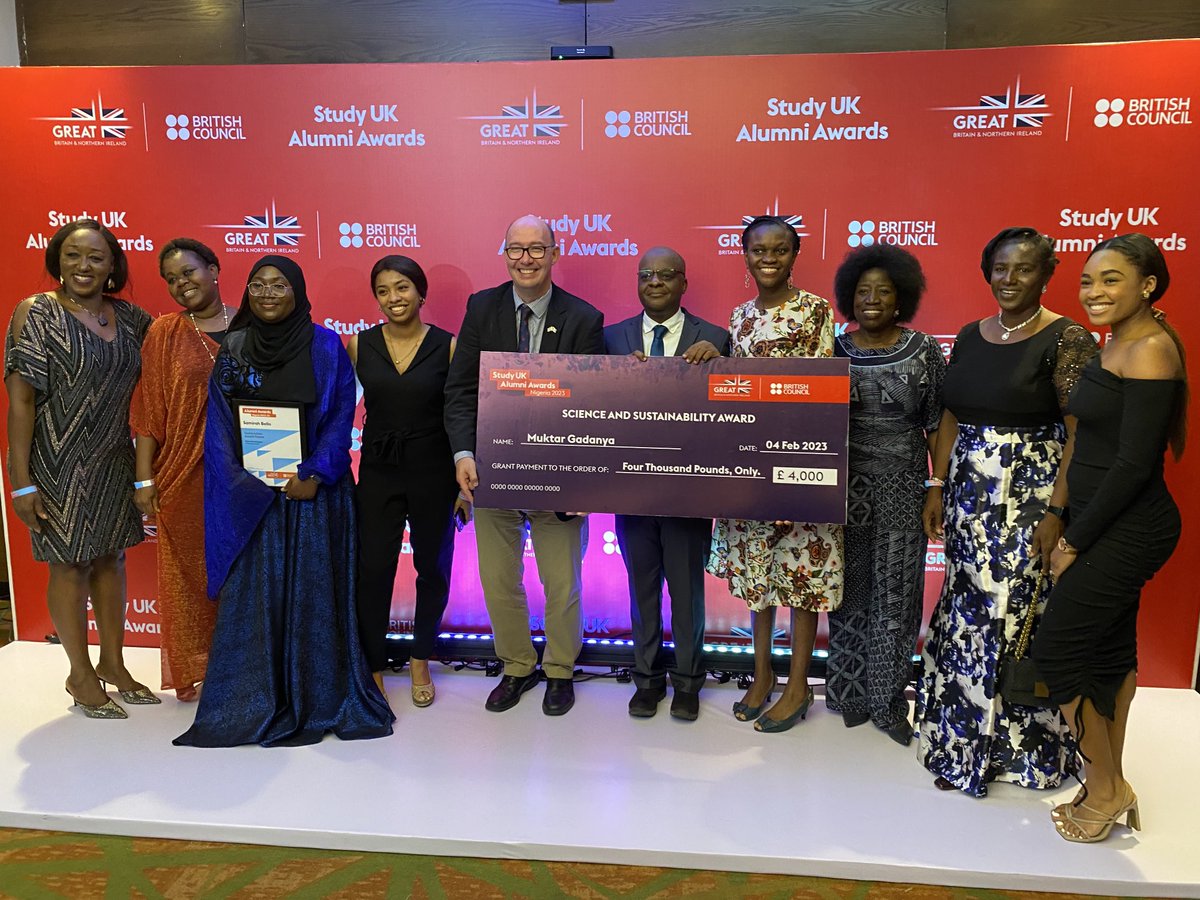 UKinNigeria's tweet photo. Last week, at the #UKAlumniAwards2022,
we celebrated our #CheveningNG alumni @samee200 and @DebbieBraide who were finalists in different award categories. 

Also, big congratulations to Prof @gadanya who took home the Science and Sustainability award!

#StudyUK 
#UKAlumniAwards https://t.co/fP3TGcdsRn
