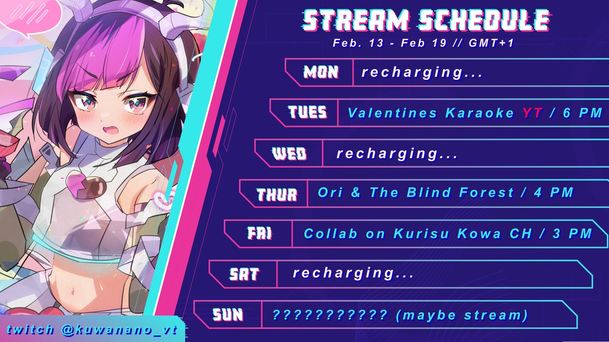 kuwanano_vt's tweet photo. Schedule for the upcoming week!!
Heads up: The Valentine's Karaoke stream will take place on YOUTUBE, not on Twitch! Also, The collab on Friday will be on @kurisukowa 's Twitch channel 💝 I finally get to collab with my V-Sister!!
🎨#KuwanArt
🔴#BugLive https://t.co/DX07dL2VfT