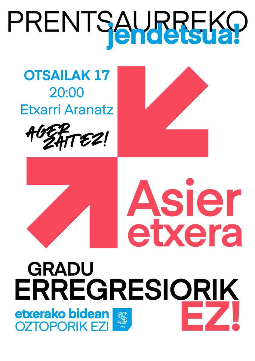 sare_herritarra's tweet photo. 🚨 Asier Karrera presoa berriro ere espetxera eta 2. gradura itzuli dute ANko fiskaltzak jarritako helegitea onartu ondoren.

➡️Mobilizazioak: 

🗓️ Otsailak 15 • 19:00

#Azkoitia 

🗓️Otsailak 17 • 20:00

#EtxarriAranatz

🛑Gradu erregresiorik EZ

Asier #Etxera‼️ https://t.co/s6ipRPd1Wa