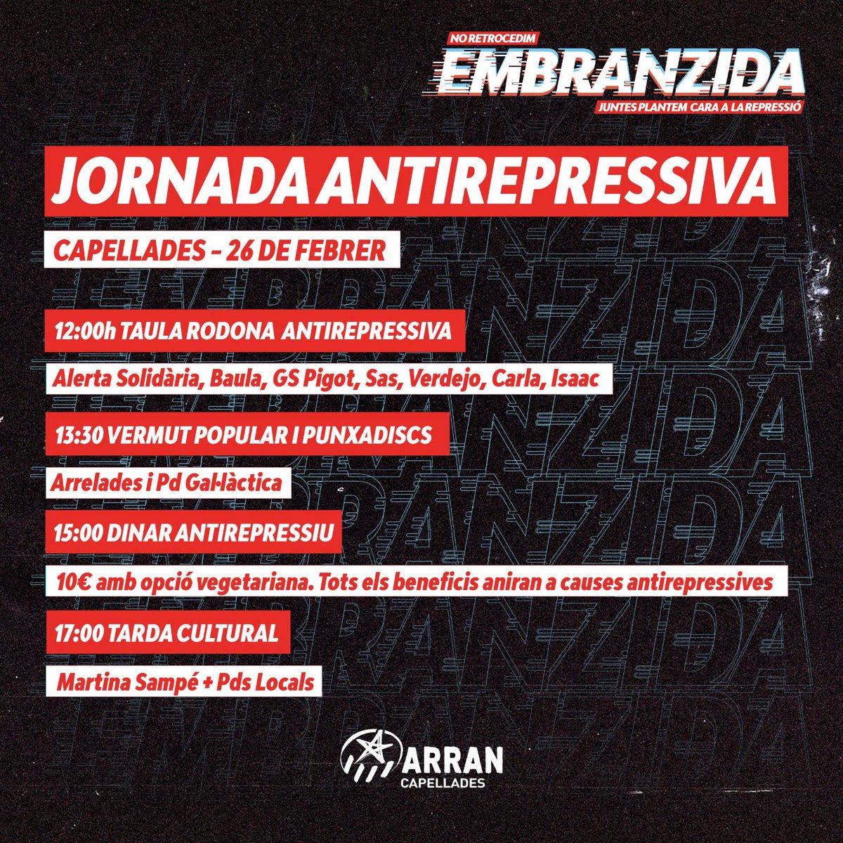 🔗JORNADA ANTIREPRESSIVA🔗

➡️Diumenge 26 de febrer
📍 Capellades (c/Major, 73) <a href="/eixamdekp/">Espai Autogestionat l'Eixam</a> 

🔥Contra tota repressió més organització!🔥

#Embranzida