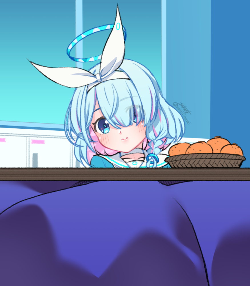 arona (blue archive) 1girl solo halo food mandarin orange kotatsu table  illustration images