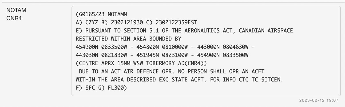 Another air defence operation over Canada, this time near Tobermory, Ontario. Airspace closed. Could be something or, like Montana yesterday, a radar blip and nothing more. @cbcnews