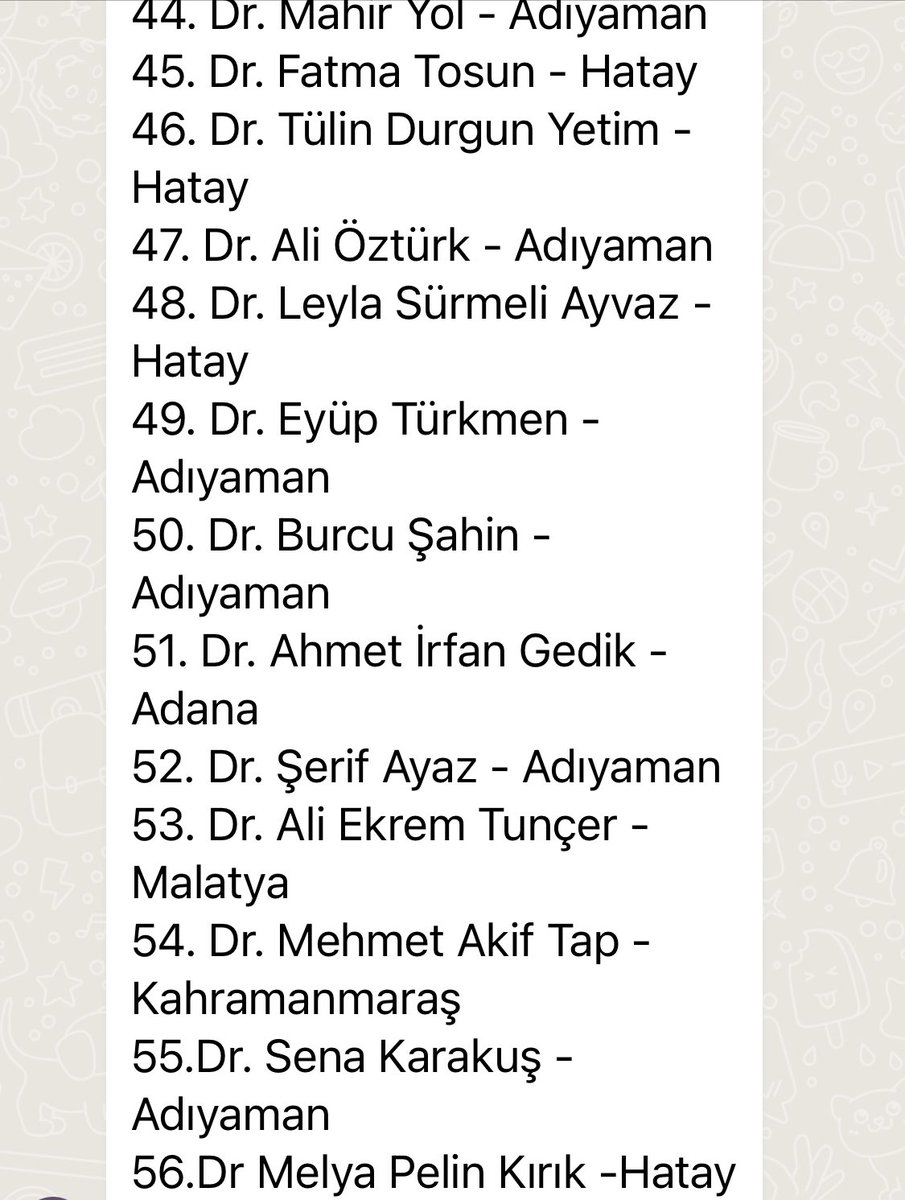 Depremde kaybettiğimiz hekimlerimiz… 

Ağır yaralılar var, henüz ulaşılamayanlar var, uzuvlarını kaybetme tehlikesiyle karşı karşı olanlar var, eşini çocuğu, ailesini kaybedenler var.. 
100’lerce vefat eden hemşire/att/sağlık personelimiz var… 

Kaybımız çok, acımız büyük😔