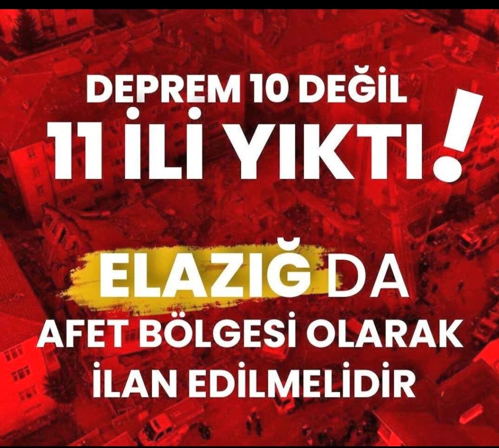 'Elazığ'da Afet Bölgesi İlan Edilmelidir'
#ElazığAfetBölgesiİlanEdilsin
#ElazığDeprem #Deprem #DEPREMOLDU
#Hatay