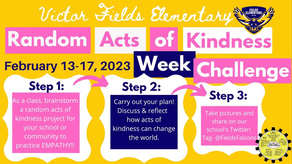Fields Elementary (@fieldsfalcons) on Twitter photo This week is Random Acts of Kindness Week (RAK Week) 2023!
Can’t wait to see the ways our Falcons will show empathy & practice social skills! #EmotionalIntelligence #RAKWeek2023 #RandomActsOfKindnessWeek <a href="/McAllenISD/">McAllen ISD</a> <a href="/counseling_misd/">McAllen ISD Counseling Department</a> This week is Random Acts of Kindness Week (RAK Week) 2023!
Can’t wait to see the ways our Falcons will show empathy & practice social skills! #EmotionalIntelligence #RAKWeek2023 #RandomActsOfKindnessWeek <a href="/McAllenISD/">McAllen ISD</a> <a href="/counseling_misd/">McAllen ISD Counseling Department</a>