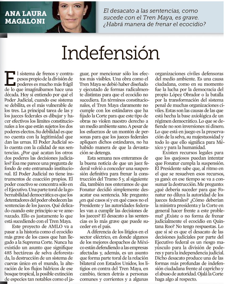 Mejor escrito imposible. 

“Este megaproyecto de AMLO va a pasar a la historia como el ecocidio más grave de los casos que han llegado a la Suprema Corte” #SelvaMeDelTren