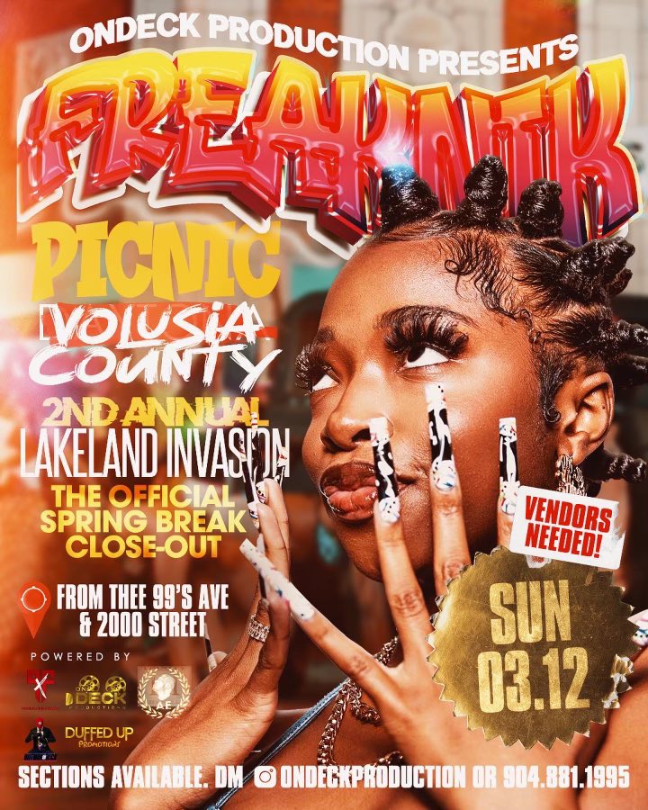 Sunday, March 12th We’re Closing Spring Break w/ FREAKNIK PICNIC Volusia County Edition - Lakeland Invasion🔥🔊 

Licensed Vendors DM @ondeckproduction FOR SPOTS (SPOTS ARE LIMITED)‼️

DM FOR SECTIONS ‼️

Hosted by @ondeckproduction &amp; <a href="/DuffedUpPromo/">DuffedUp Forever🔶</a>