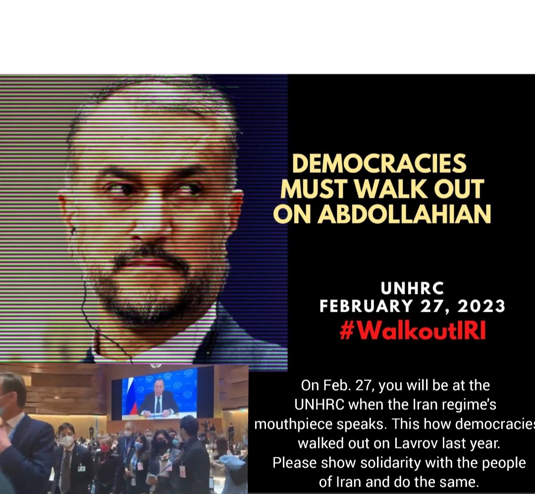 partopalla's tweet photo. UNHRC opening, Geneva,Feb. 27, 2023: We call on democracies to walk out when the regime’s foreign minister Hossein Amir-Abdollahian takes the podium #WalkoutIRI @BogdanAurescu @MFA_Lu @MFABulgaria @IKasoulides @hadjalahbib @NikosDendias https://t.co/0DkriohHII