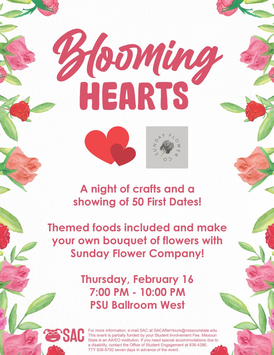 Missouri State University Family Programs (@bearsfamilies) on Twitter photo Join the <a href="/MOStateSAC/">Student Activities Council at MSU</a> for Blooming Hearts on Thursday night, February 16th, 7-10pm, <a href="/MSU_PSU/">Plaster Student Union</a> Ballroom West for crafts, food and lots of fun! Make your own bouquet of flowers with Sunday Flower Company! Join the <a href="/MOStateSAC/">Student Activities Council at MSU</a> for Blooming Hearts on Thursday night, February 16th, 7-10pm, <a href="/MSU_PSU/">Plaster Student Union</a> Ballroom West for crafts, food and lots of fun! Make your own bouquet of flowers with Sunday Flower Company!