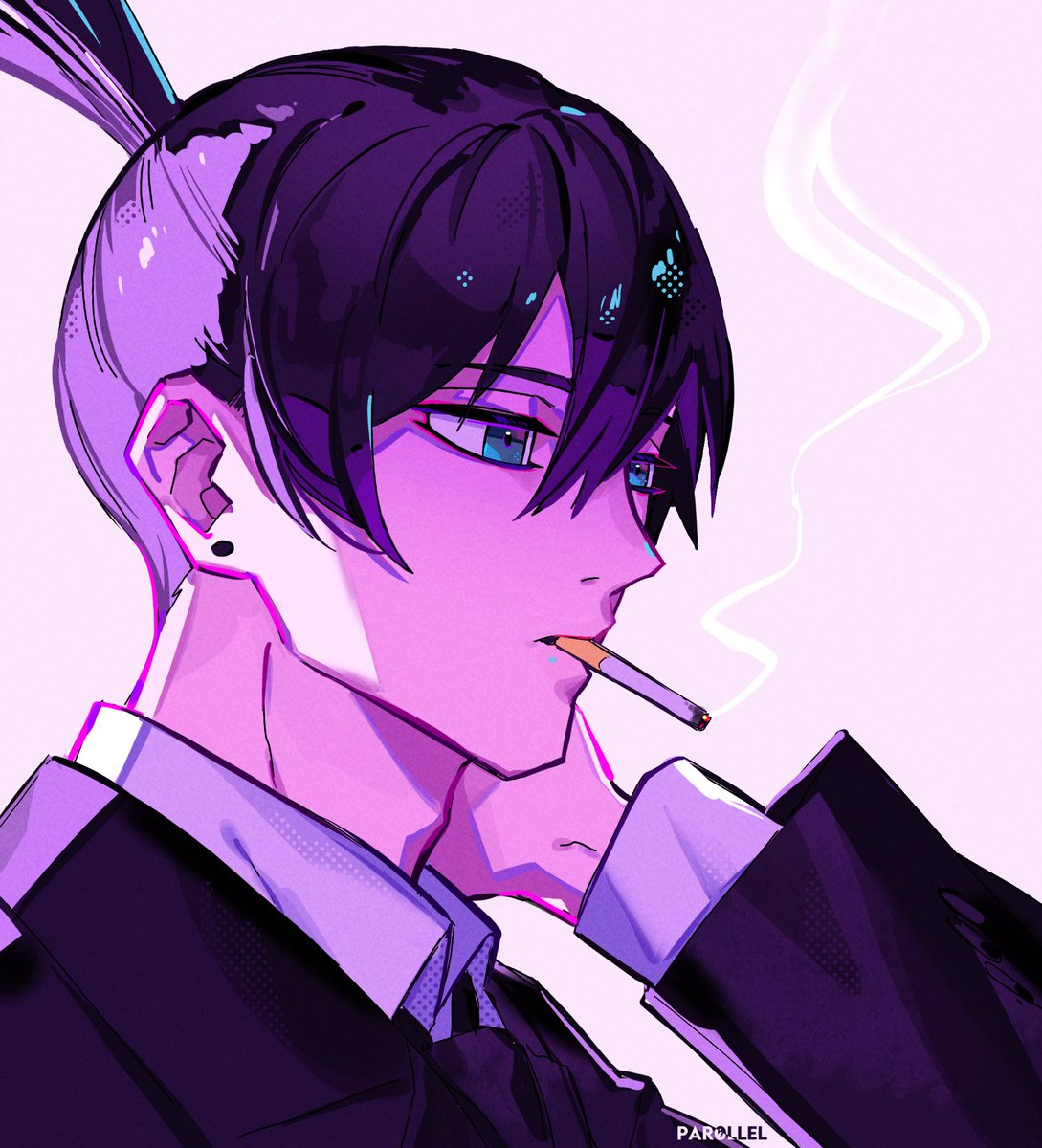 hayakawa aki cigarette 1boy black necktie topknot black hair smoking solo  illustration images