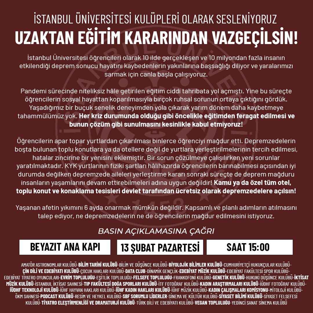 iücitöbistiyor (@iucitobistiyor) on Twitter photo İstanbul Üniversitesinin 39 kulüp ve topluluğu olarak sesleniyoruz: EĞİTİMİN FEDA EDİLMESİNİ KABUL ETMİYORUZ! <a href="/YuksekogretimK/">Yükseköğretim Kurulu</a> İstanbul Üniversitesinin 39 kulüp ve topluluğu olarak sesleniyoruz: EĞİTİMİN FEDA EDİLMESİNİ KABUL ETMİYORUZ! <a href="/YuksekogretimK/">Yükseköğretim Kurulu</a>