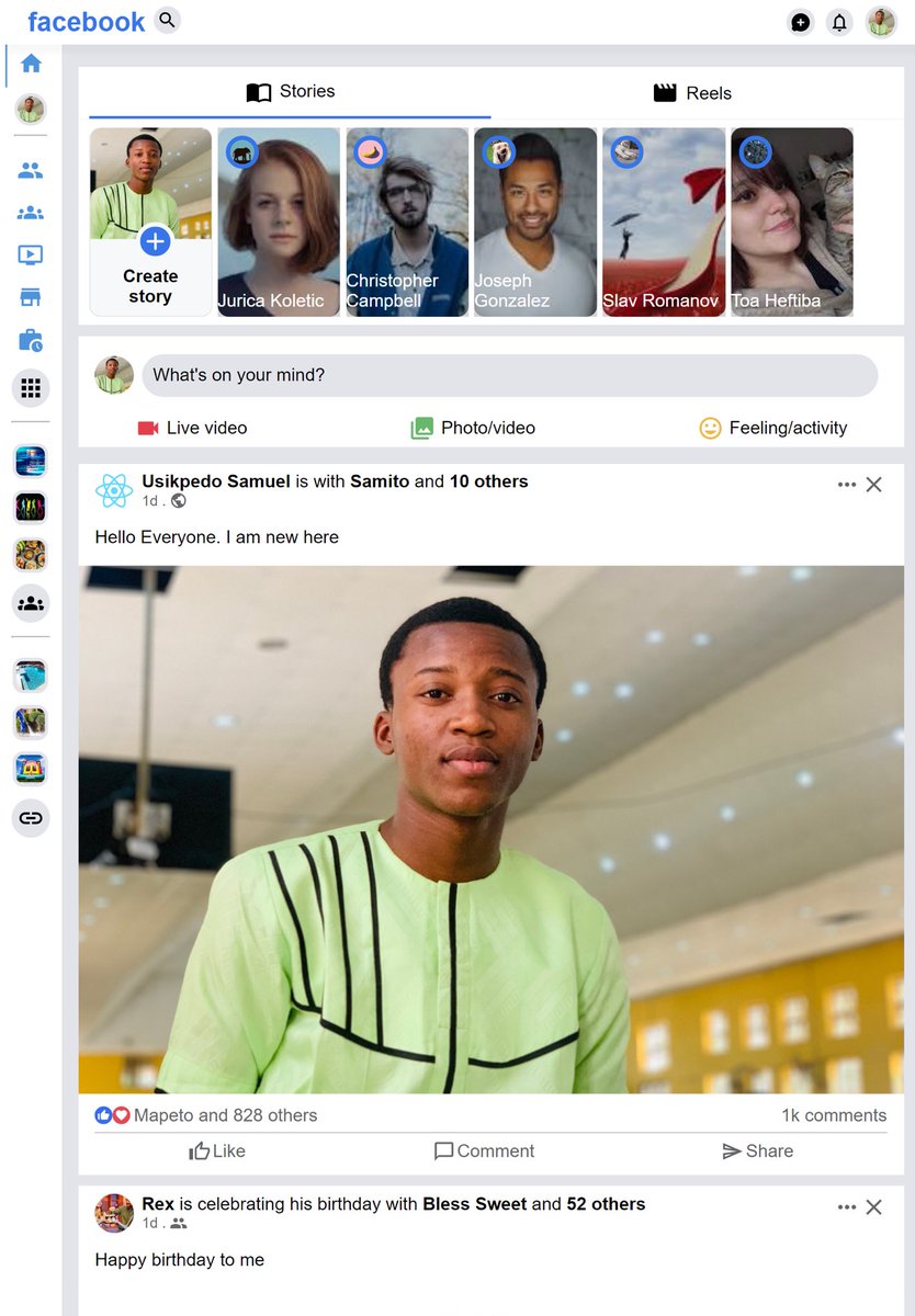 kingsamito_'s tweet photo. Responsive cloned Facebook web application using react and css. Got some random images and names from google
Live demo: https://t.co/F6zodA5Svg
Source code: https://t.co/NCTUVYxwj8
#facebook #facebookapp #socialmedia #javascript #programming #ReactJS #100DaysOfCode https://t.co/1qjXR94fXL