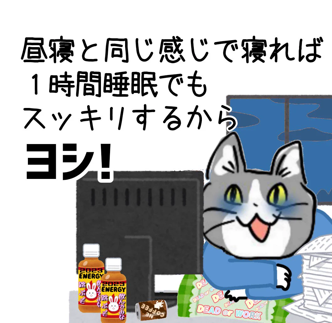 ちゃんと布団で寝よう！仮眠しか取れない現場猫さん！