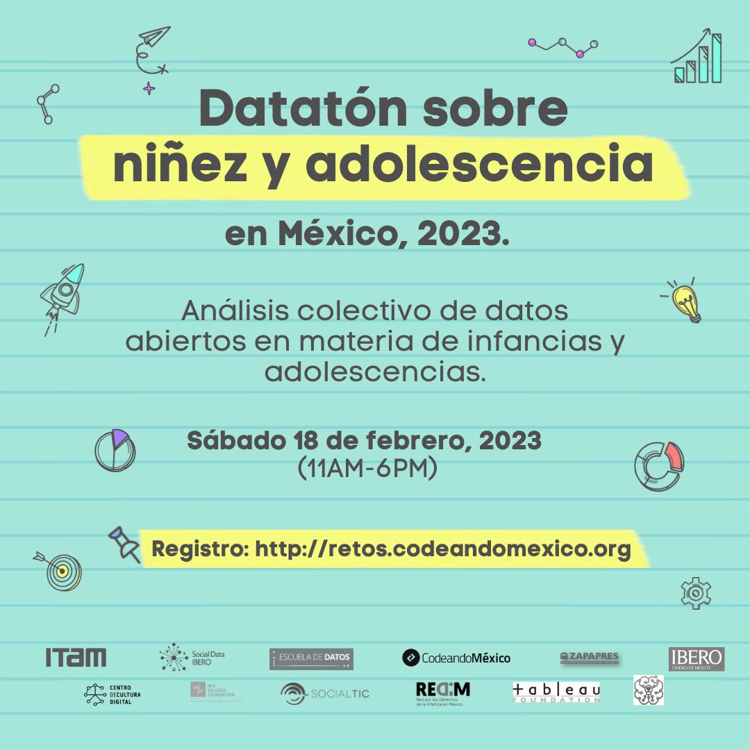 derechoinfancia's tweet image. ⭕️ Te invitamos al #DatatónSobreNiñezYAdolescencia que se realizará desde 16 de febrero y hasta el 4 de marzo junto a @socialtic, @codeandomexico, @dataalgosocitam, @IBERO_mx, @DataIbero, @ccdmx, @tableau y @WK_Kellogg_Fdn Entrada libre
👉🏽bit.ly/3wLS8YZ #InfanciasEnDatos