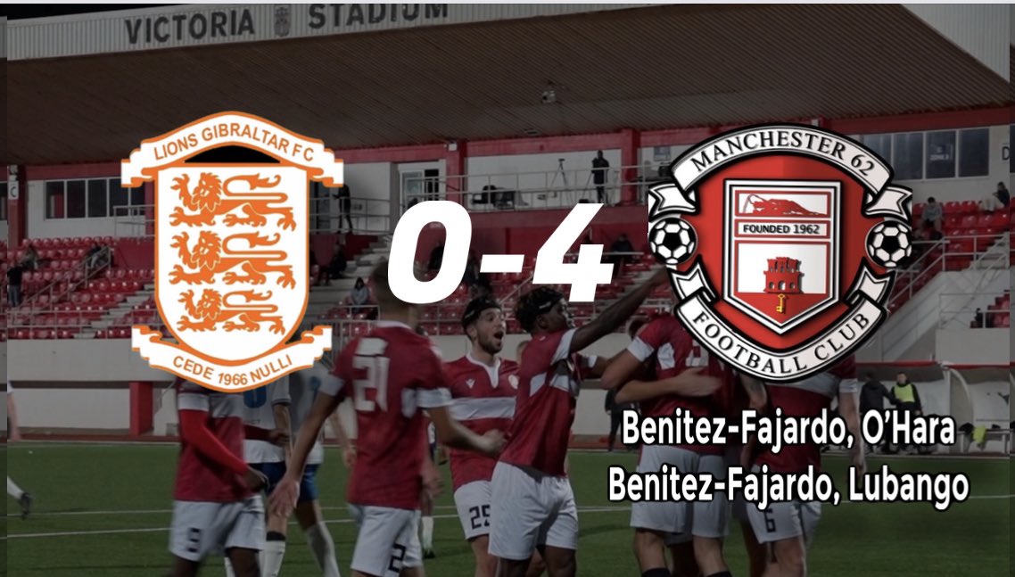 <a href="/Man62FC/">Manchester 1962 FC</a> make it 3 in a row with a convincing 4-0 win over <a href="/LionsGibFC/">Lions Gibraltar FC</a> on a brace by Benitez-Fajardo followed by goals from O’Hara &amp; Lubango. Assists from 17 yr olds Gonzales &amp; De Tores followed by another solid performance by Lucas Reed who notched his 2nd assist in 2 matches.