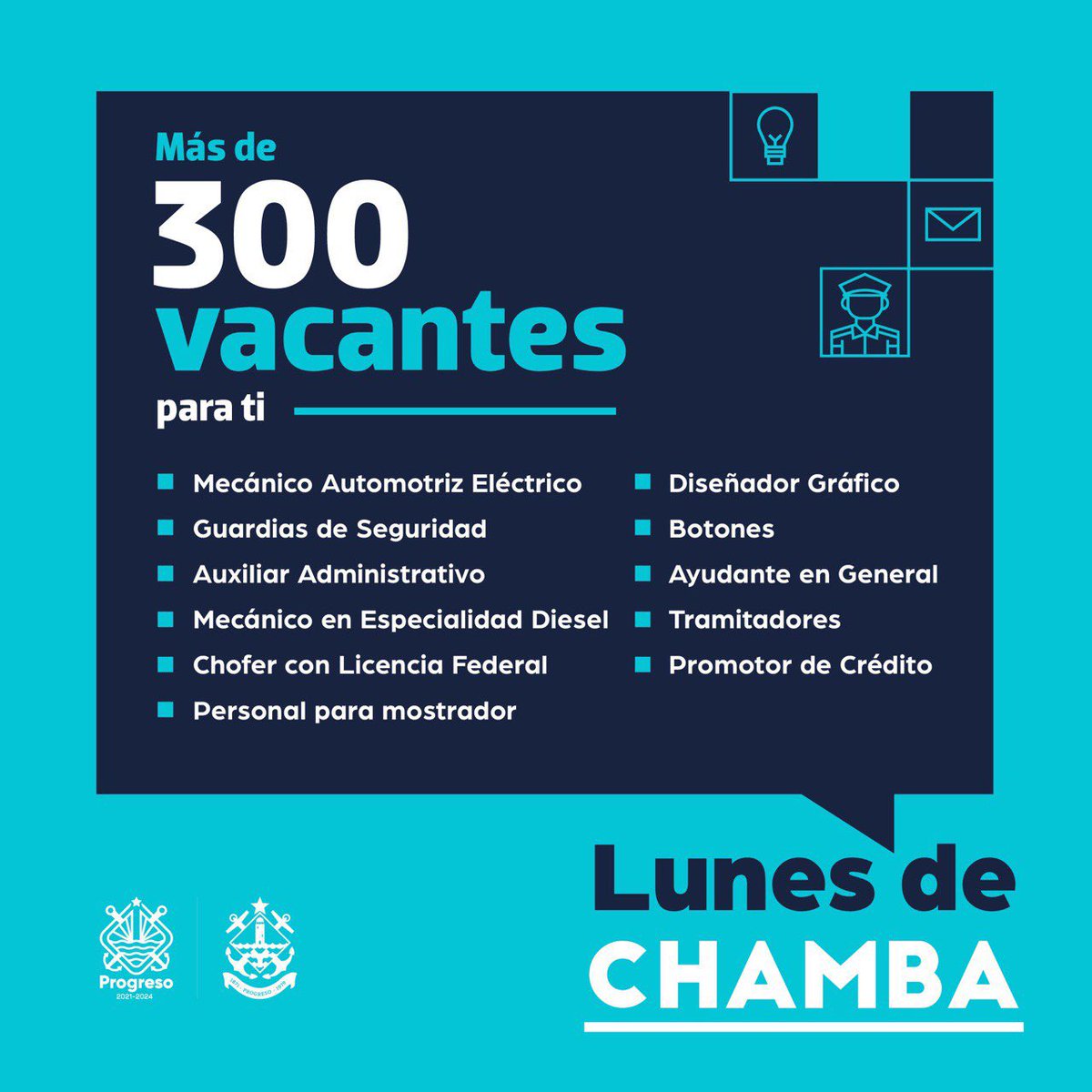 JULIANZACARIASC's tweet photo. 📣 No se pierdan mañana 13 de febrero las ofertas laborales de “Lunes de Chamba”. 

📍Parque Independencia
⏰9:00 am a 2:00 pm

#ElProgresoDeProgreso avanza para todos. https://t.co/EvArOBCXzp