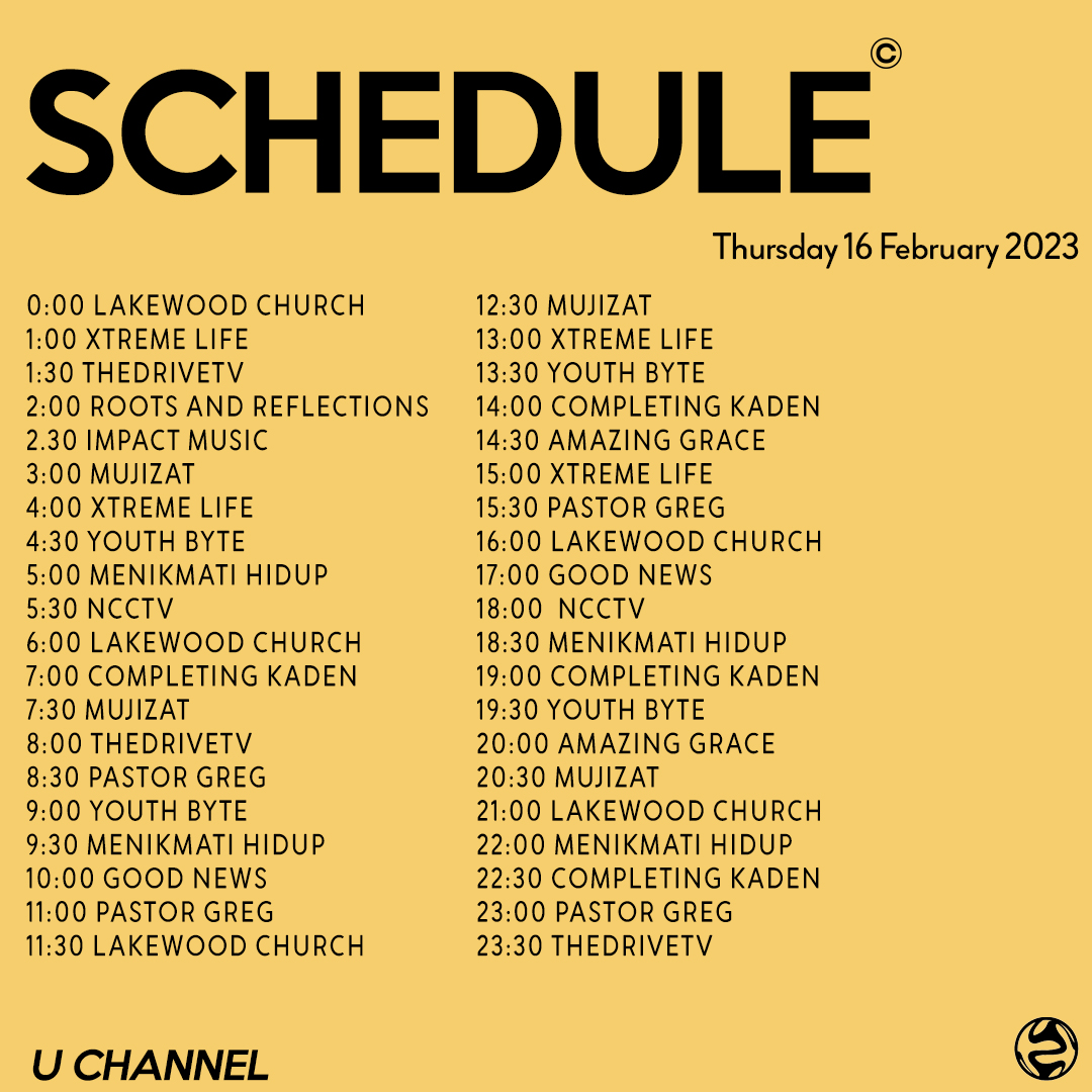 uchannelid's tweet photo. Pagi sobat, berikut jadwal program untuk minggu ini ya. (1/2)
-
#program #jadwalsiaran #siaran #programtv #televisi #kristen #yesus #leadership #bandungjuara #indonesia #ftv #alkitab #training #tv #bruneidarussalam #siarantv #gereja #instagram #ayatalkitab #thailand #coaching https://t.co/hEbRc9D5mb