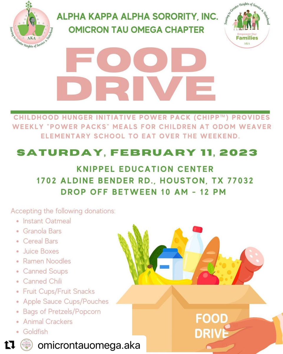 TiffTweets1014's tweet photo. Yesterday was a great day serve! We had an awesome turnout for our CHIPP Food Drive! #AKA1908 #ΟΤΩ #SpringAKAs 💞💚#StrengtheningOurFamilies #CHIPP #WeGottaFeedTheBabies @OmicronTauOmega @akasorority1908 https://t.co/u2YscC1zqj