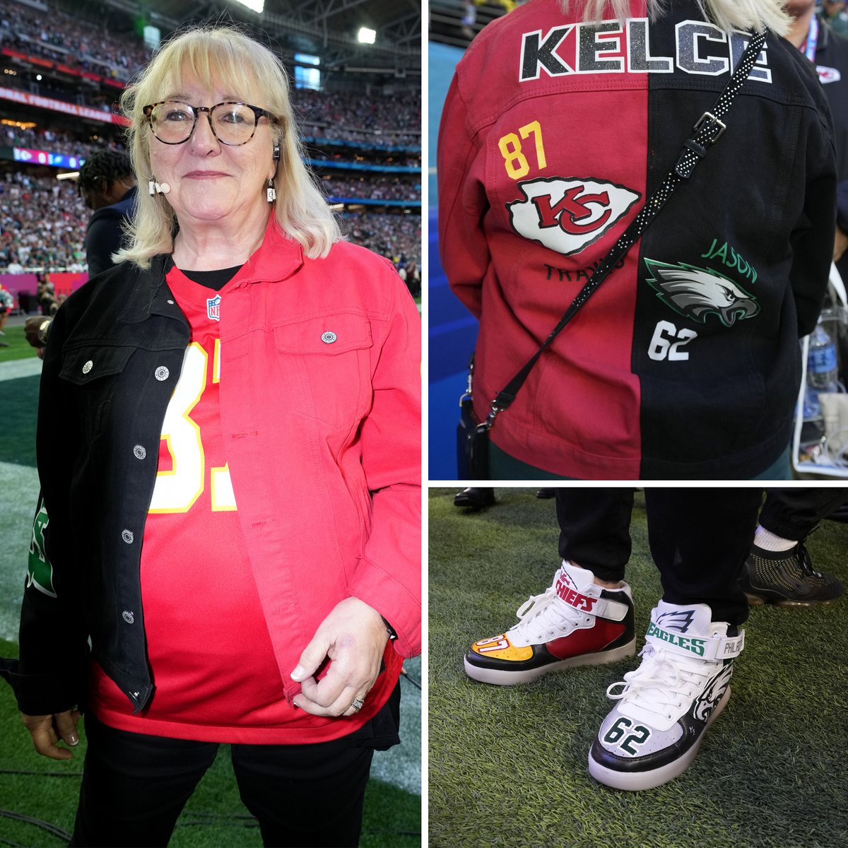 WTAE's tweet photo. Donna Kelce: Best dressed. 

She’s the mother of Chiefs’ tight end Travis Kelce and Eagles’ center Jason Kelce – and she’s showing them both some love with her gameday fit. https://t.co/4PXgPjv28p