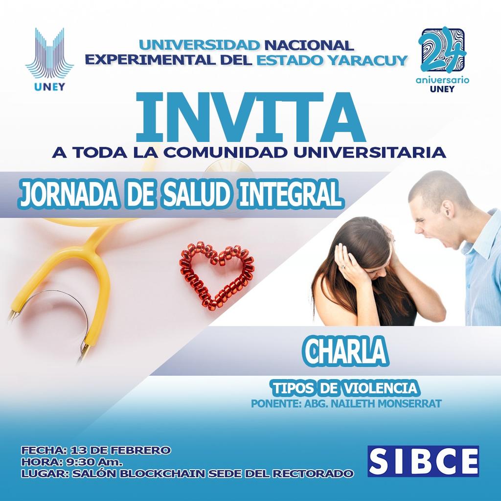 Mañana en la <a href="/uney_oficial/">UNEY</a> se estará celebrando un Jornada de Salud Integral organizada por <a href="/SibceUney/">sibceuney</a> para estudiantes y toda la comunidad con un espacio para el diálogo sobre la Violencia! Asiste. <a href="/mppeduniv/">@MPPEDUNIV</a> <a href="/JLEONYARA/">JULIO LEÓN</a> <a href="/ServiciosUney/">Servicios generales uney</a> <a href="/PrensaUney/">Prensa UNEY</a>