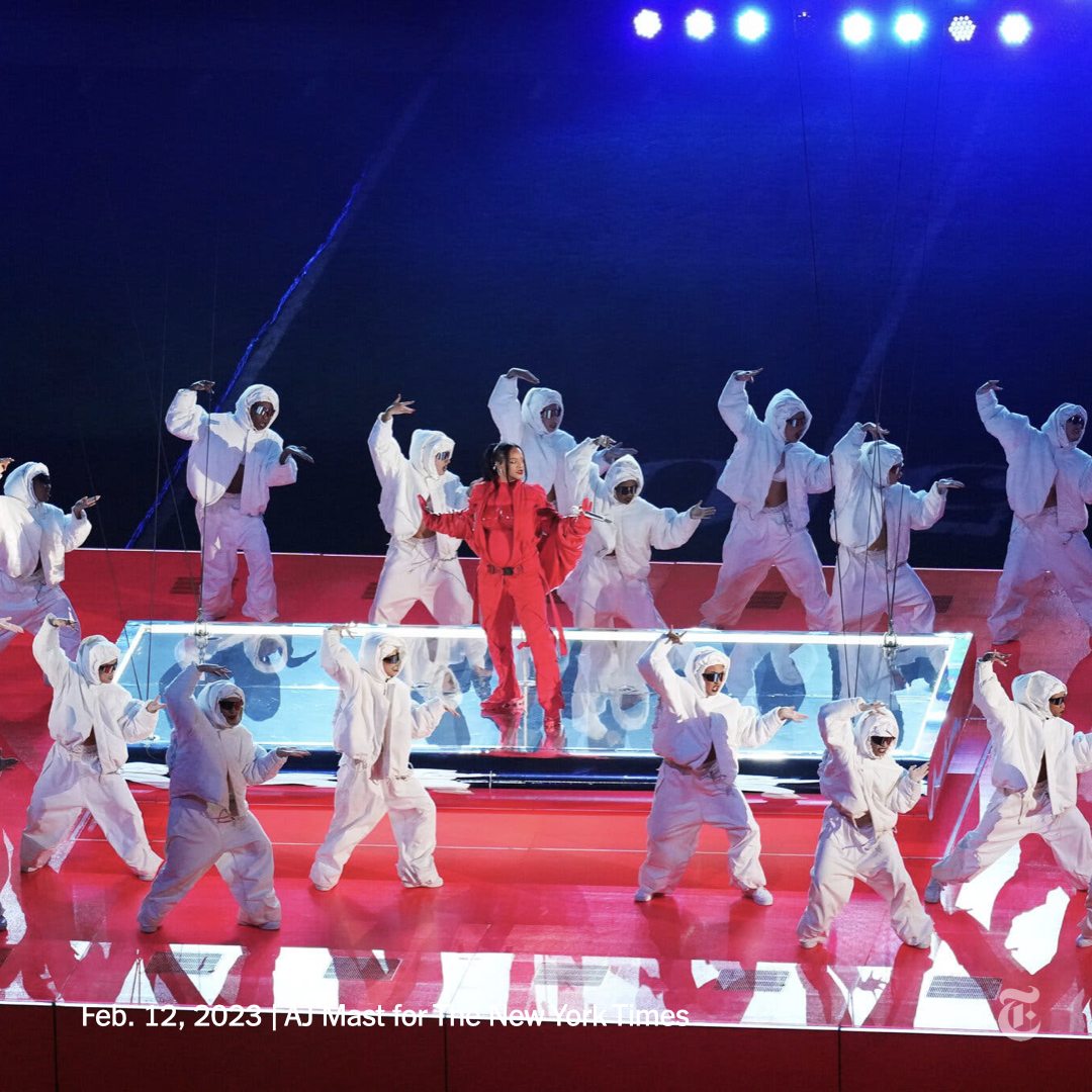 Rihanna appeared in radiant red for her Super Bowl LVII halftime show, kicking off a performance that saw the superstar blazing through her hits. Follow along live. nyti.ms/3YJiiXZ