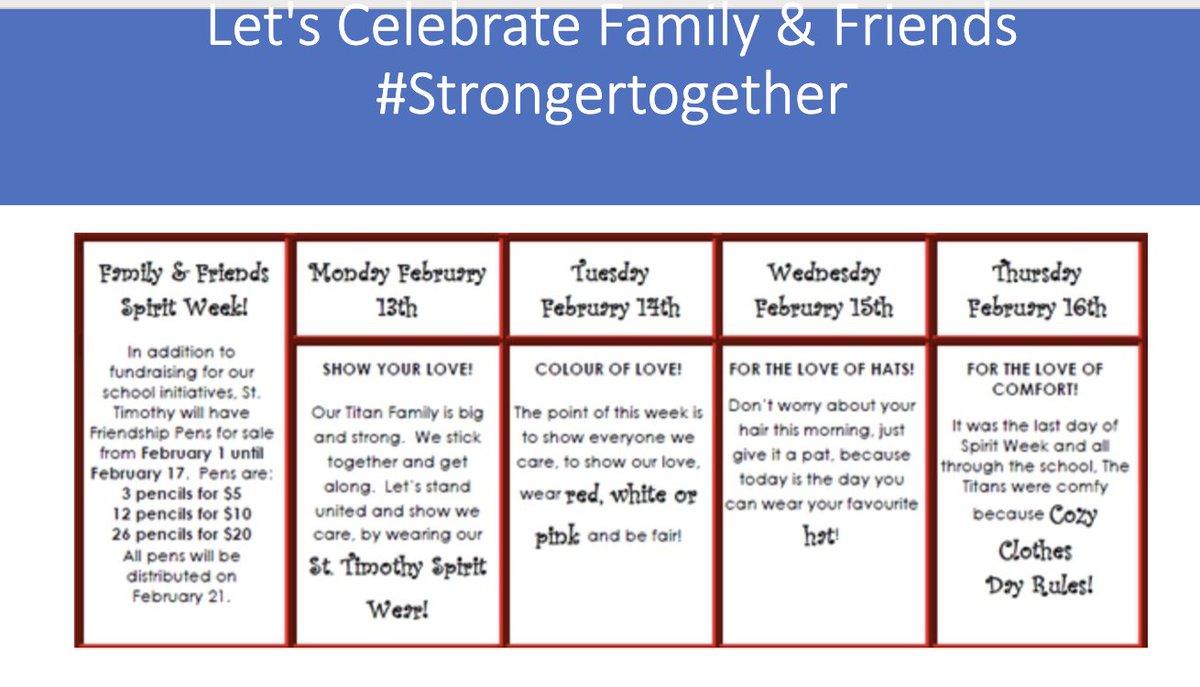 StTimothyDPCDSB's tweet photo. Sprit week this week Titans. 
Monday wear your St. Timothy Spirit Wear or 
School Colours Blue &amp; White 💙🤍 https://t.co/bCWzwGahlF