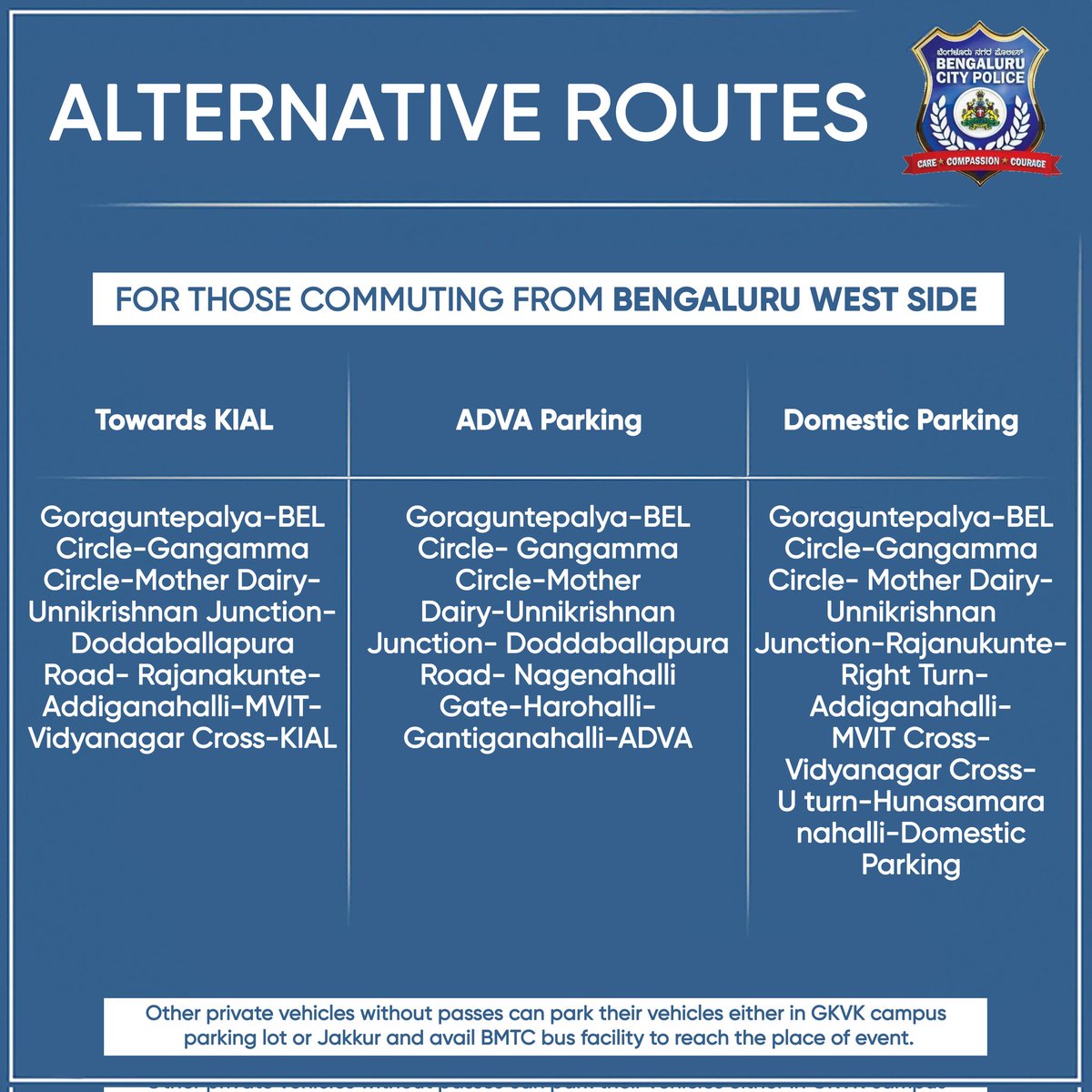 BlrCityPolice's tweet photo. 𝗜𝗖𝗬𝗠𝗜 | This could come in handy! 

Please share this with those you think can benefit. Request everyone to co-operate and bear with the restrictions in place to make the event a grand success 🙏🏻

#AeroIndia2023 #Bengaluru (1/2) https://t.co/OYXmqrsMDQ
