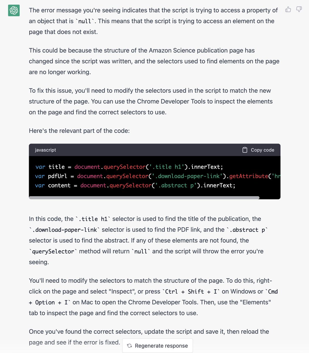 SinghAnuvrat's tweet photo. In a first, I used #ChatGPT to write a #Tampermonkey script, debug the issue with the script, and modify the script to enhance the functionality. With zero Tampermonkey scripting experience, I was able to get my task done in 30 mins! I'm starting to like it now. https://t.co/uXbP4TEgAs