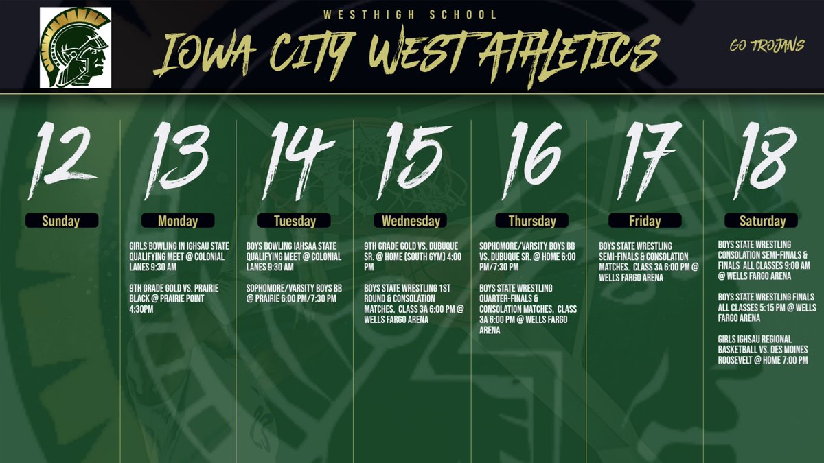 ICWestAthletics's tweet photo. The regular season wraps up for Boys Basketball on Tuesday &amp; Thursday.  State Wrestling for Pierce, Doyle, Avila, &amp; Scranton is Wednesday thru Saturday in Des Moines @ Wells Fargo Arena.  
@WestGBB opens IGHSAU regional tournament play hosting Roosevelt on Saturday at 7:00 PM. https://t.co/WBBHZYqA5H