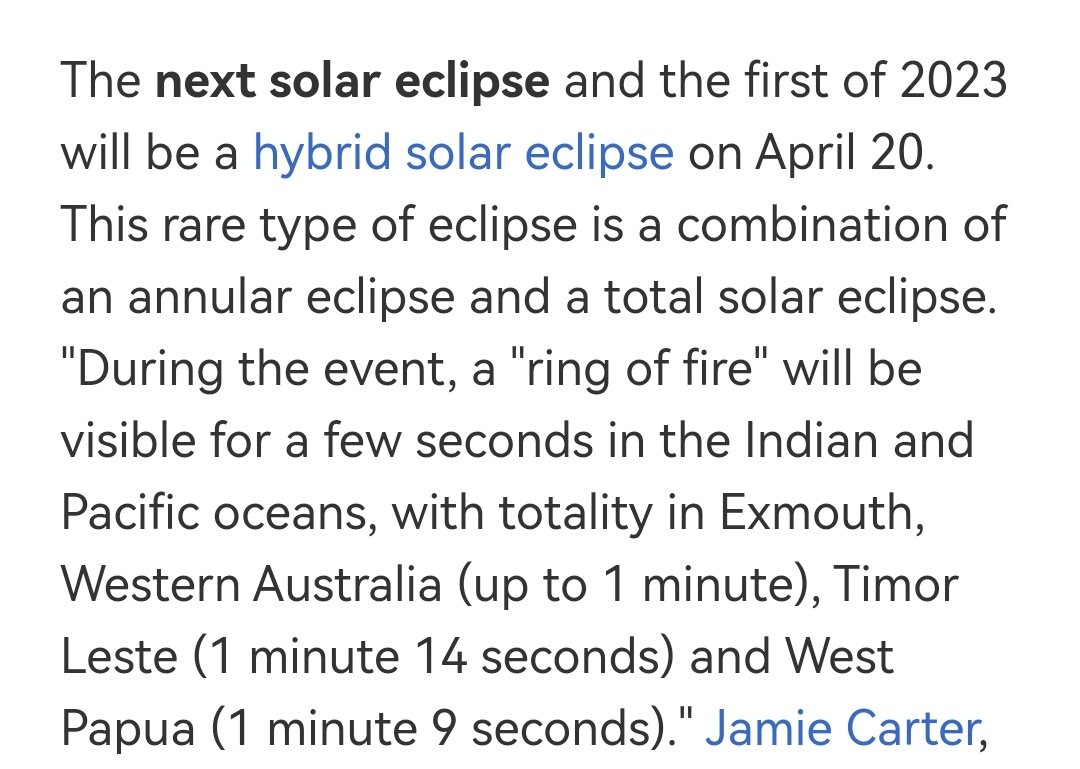 macaronji_'s tweet photo. idk if anyone's already found out but i couldn't sleep so i thought "why not check when the next solar eclipse will be?" and guess what? it'll be on april 20, symbolically 😃 moreover, a rare hybrid eclipse, "a ring of fire" https://t.co/HlXcxKjtFD