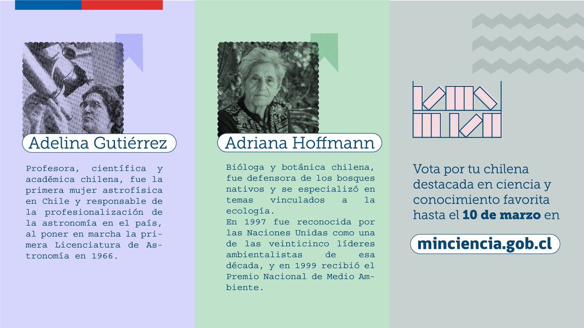 min_ciencia's tweet photo. Queremos invitarte a elegir el nombre la primera biblioteca pública del país especializada en #CTCI  🎉

Ingresa al link y vota 🗳️ por una de de las cinco científicas chilenas que han marcado la historia de la investigación nacional: https://t.co/MKInLdf2nq https://t.co/mNo8pucEJB