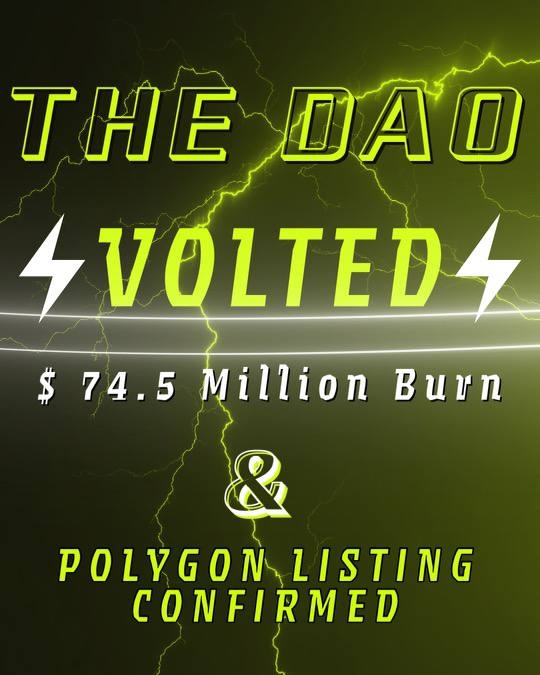 1/2
The DAO has approved with a majority of 99.97%:

🔸The burn of 44.85T $VOLT tokens from the bridge liquidity (worth $74.5M at the end of the vote)
&amp;
🔸The transfer of 25% of the Uniswap liquidity to a listing on Polygon

⚡️The 1st burn will start on Feb 13, at 6:00pm EST!