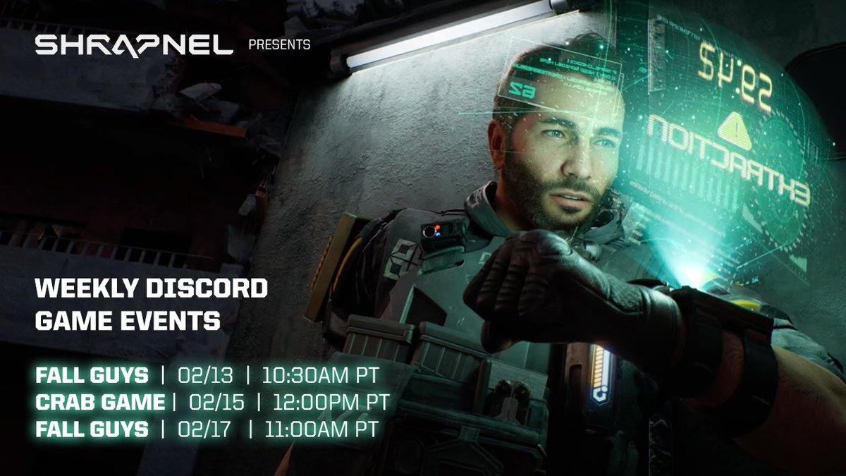 playSHRAPNEL's tweet photo. We're on for another epic week of Discord game events with prizes up for grabs!

➡️ Fall Guys | 02/13
➡️ Crab Game | 02/15
➡️ Fall Guys | 02/17

See you there: https://t.co/Kif90Cht8u https://t.co/EC1HnP0rYc