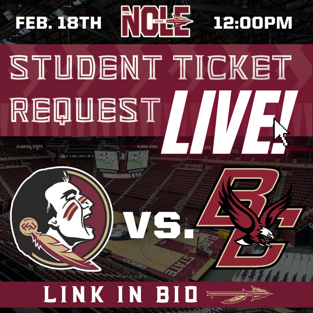 thenolezone's tweet image. 🚨 STUDENT TICKETS LIVE 🚨 

Student Tickets for Saturday's game against Boston College (2/18) are now LIVE! Use the link in our bio to request tickets for the penultimate home game of the regular season 👀 

#thenolezone #fsu #gonoles