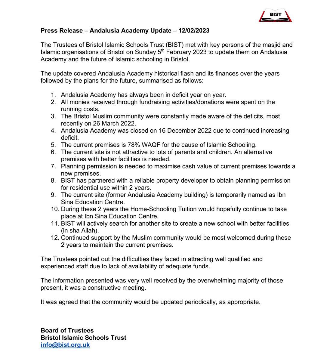 Bristol Muslim Cultural Society (@bmcs) on Twitter photo A Bristol Muslim Community Announcement:
Press Release / Statement - Andalusia Academy Update - 12/02/2023
Shared on behalf of Bristol Islamic Schools Trust (BIST). For more information, please contact BIST by emailing info@bist.org.uk.
Please share with family and friends. A Bristol Muslim Community Announcement:
Press Release / Statement - Andalusia Academy Update - 12/02/2023
Shared on behalf of Bristol Islamic Schools Trust (BIST). For more information, please contact BIST by emailing info@bist.org.uk.
Please share with family and friends.