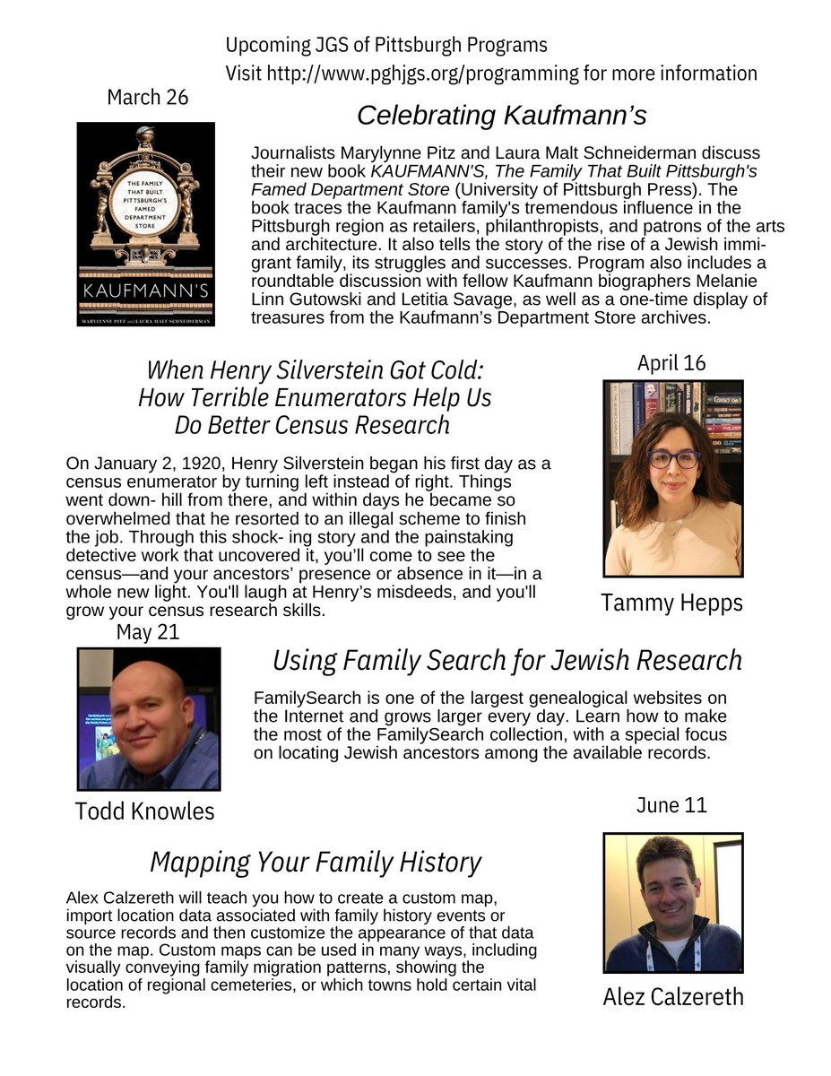 Jewish Genealogy Society of Pittsburgh: Upcoming Programs Through June - mailchi.mp/3f19a85b717f/j… #FamilyHistory #GenChat #FamilyTree #AncestryHour #Genealogy @historycenter @familysearch @Treelinescom <a href="/alccalz/">Alex Calzareth</a>