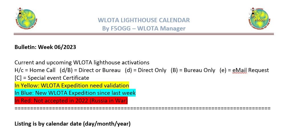 WLOTA_Award's tweet photo. #hamradio #WLOTA_Award #DX_World
WLOTA DX Bulletin N° 04/2023 week 06 is now on WLOTA web site -  PDF in page "Next Expeditions" 84 Expeditions with WLOTA References On Air this week https://t.co/xo6M4JwB1c
