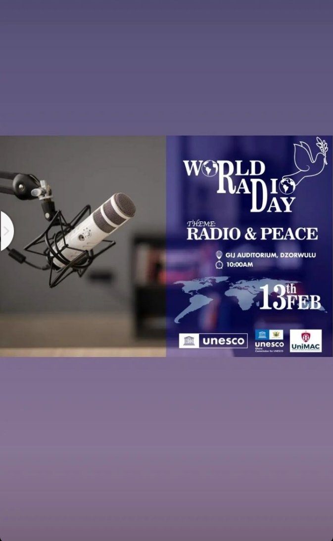 Harrietbynn's tweet photo. UNIMAC-GIJ is celebrating world radio day on the 13th February 2023 at 10am at the auditorium at the North Dzowulu campus. @TDzineku and @kodwoboateng https://t.co/9SGnVQbYdk