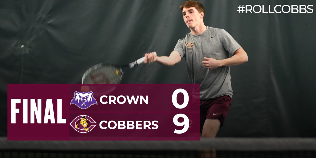 CobberSID's tweet photo. COBBS WIN! COBBS WIN!
Men's tennis blanks Crown to post its 1st 🇼 of the year.
- Cobbers only lose 4 games in the 6 singles matches 
- Tyson Aberle⬇️, Atticus Baker &amp; Matthew Nemer all record their 1st collegiate singles wins! 
- Logan Sandberg &amp; Kai Pierce now 3-0 for the year. https://t.co/HNF2ubNklt